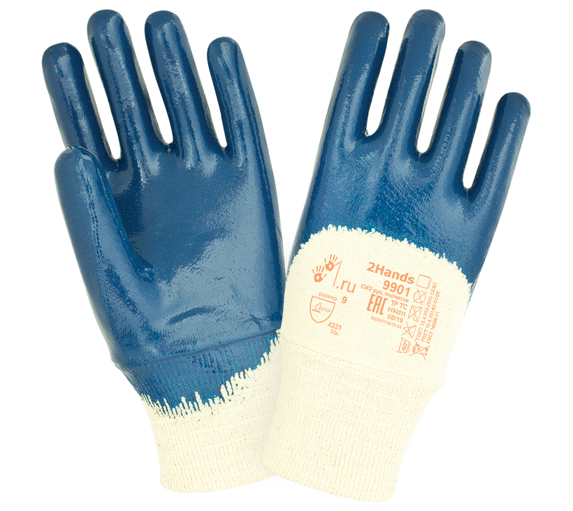 2Hands 9901(Ту Хэндс 9901) для защиты от механических воздействий. Хлопковая основа с частичным нитриловым покрытием, манжет резинка. Перчатки 2Hands изготавливаются по специальному заказу  из качественных материалов на современном оборудовании. 100% хлопковая отбеленная ворсистая основа jersey (джерси), специальный состав полимера и технология нанесения покрытия, форма перчатки т.д. обеспечивают высочайшие показатели защиты и комфорта.