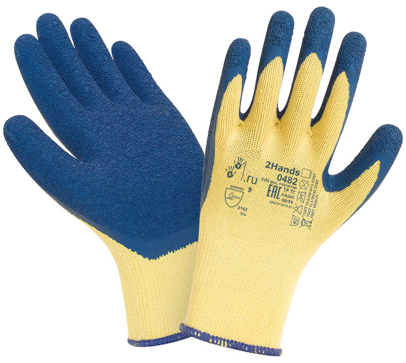 Перчатки 2Hands Comfort (Комфорт) для защиты от механических воздействий с частичным рельефным покрытием натуральным латексом (1,7мм) ладони и пальцев, бесшовная плотная трикотажная основа полиэфир/хлопок плотностью 10 петель, манжет - резинка. Тыльная сторона обеспечивает доступ воздуха к руке, высокая чувствительность пальцев, отличный сухой и влажный захват, высокая растяжимость и гибкость, а так же повышенное сопротивление разрыву, за счет использования высококачественного латекса.