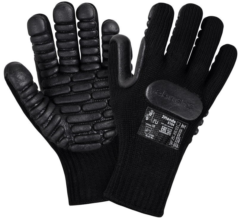 Перчатки 2Hands (Ту Хэндс) арт. 5104 для защиты от механических воздействий и вибрации в области контакта. Перчатки созданы по технологии покрытия полимером:  бесшовная тяжелая основа из полиэстера 7G покрытая  сегментированными вибро- блоками  из вспененного латекса (резины), защитная  накладка на тыльной стороне и укрепление между пальцами из резины. 