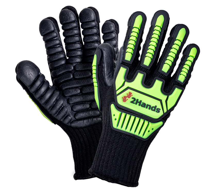 Перчатки 2Hands (Ту Хэндс) арт. 5301 для защиты от механических воздействий, вибраций и удара. Бесшовная тяжелая основа из полиэстера 7G с вибро-блоками  на ладони  из вспененного латекса (резины), защитными TPR (термополиуретан) элементами сигнального цвета  защищающими  наиболее подверженные риску удара участки руки и пальцев  с сохранением удобства манипулирования.